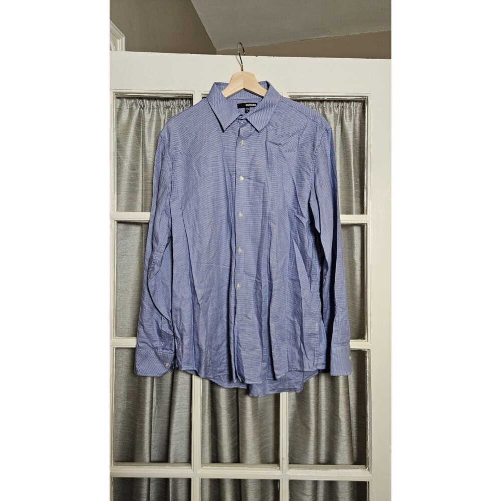 Murano Mens Large Blue White Micro Check Button Down Shirt 100% Cotton Business